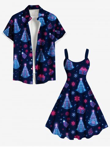 Glitter Christmas Tree Gift Snowflake Galaxy Print Plus Size Matching Outfit For Couples - DEEP BLUE