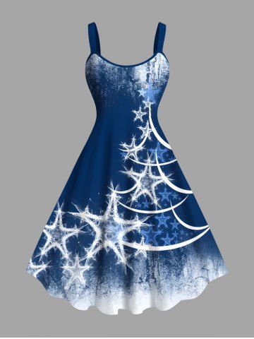 Plus Size Christmas Tree Star Distressed Colorblock Print Tank Dress - BLUE - XS