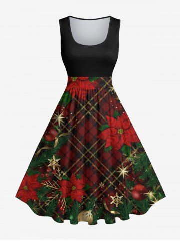 Plus Size Christmas Ball Snowflake Floral Leaf Plaid Glitter Stars Print Vintage Swing A Line Dress - BLACK - 3X