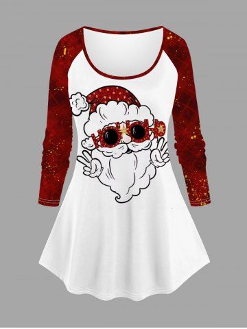 Plus Size Christmas Cute Santa Claus Print Ombre Plaid Raglan Sleeves T-shirt - RED - 2X