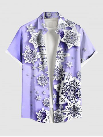 Plus Size Christmas Snowflake Print Buttons Pocket Shirt For Men - PURPLE - S