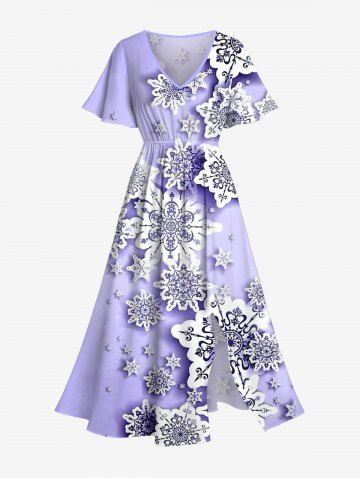 Robe Mi-Longue Fendue Flocon de Neige de Noël Imprimé de Grande Taille - PURPLE - M