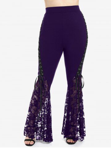 Plus Size Lace Panel Pull On Flare Pants with Lace-up - CONCORD - L | US 12