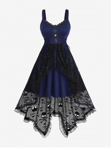 Plus Size Lace-up Cross High Low Skulls Mesh Rivet Lace Trim Asymmetrical Gothic Tank Dress - DEEP BLUE - L | US 12