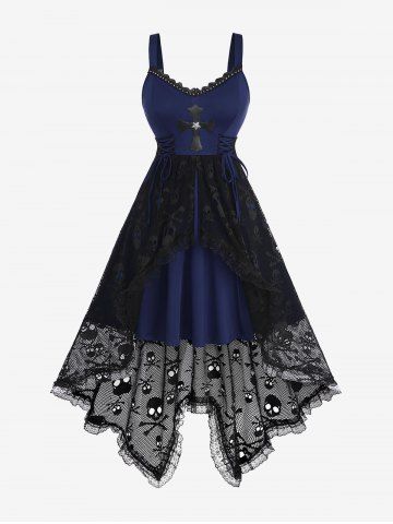 Plus Size Lace-up Cross High Low Skulls Mesh Rivet Lace Trim Asymmetrical Gothic Tank Dress - DEEP BLUE - 1X | US 14-16