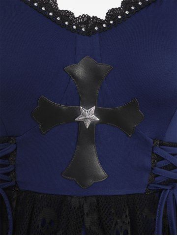 Plus Size Lace-up Cross High Low Skulls Mesh Rivet Lace Trim Asymmetrical Gothic Tank Dress