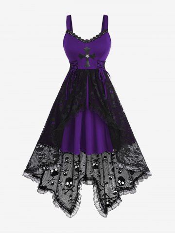 Plus Size Lace-up Cross High Low Skulls Mesh Rivet Lace Trim Asymmetrical Gothic Tank Dress - CONCORD - 4X | US 26-28