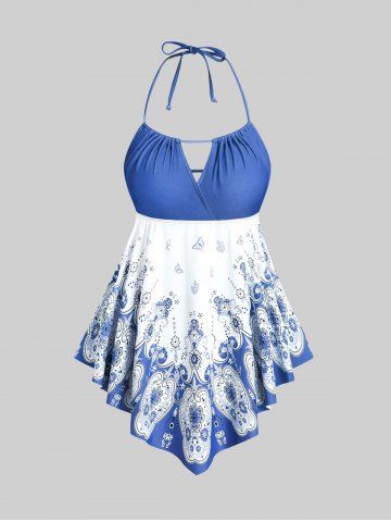 3D Figure Butterfly Print Halter Ruched Tankini Sswimsuit - BLUE - L | US 12