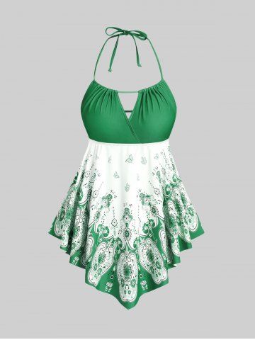 3D Figure Butterfly Print Halter Ruched Tankini Sswimsuit - GREEN - 1X | US 14-16