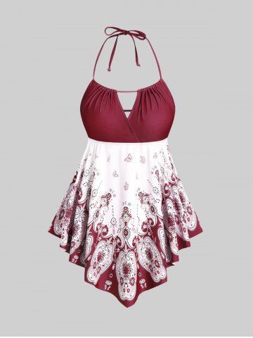 3D Figure Butterfly Print Halter Ruched Tankini Sswimsuit - DEEP RED - 2X | US 18-20