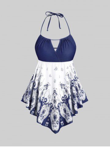 3D Figure Butterfly Print Halter Ruched Tankini Sswimsuit - DEEP BLUE - 1X | US 14-16