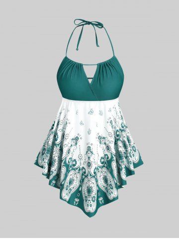 3D Figure Butterfly Print Halter Ruched Tankini Sswimsuit - DEEP GREEN - 1X | US 14-16