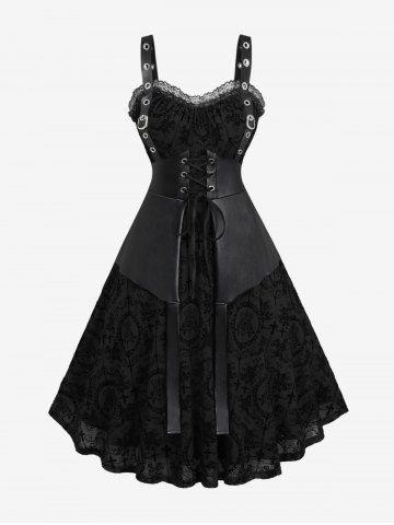 Plus Size Lace Trim Grommets Lace-up PU Leather Patchwork Floral Flocking 2 In 1 Gothic Tank Dress - BLACK - 3X | US 22-24