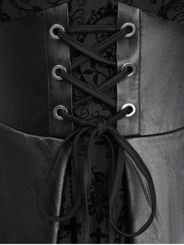 Gothic Plus Size Lace Trim Grommets Lace-up PU Leather Patchwork Floral Flocking 2 In 1 Tank Dress