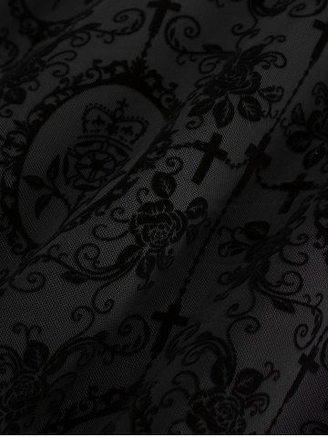 Gothic Plus Size Lace Trim Grommets Lace-up PU Leather Patchwork Floral Flocking 2 In 1 Tank Dress