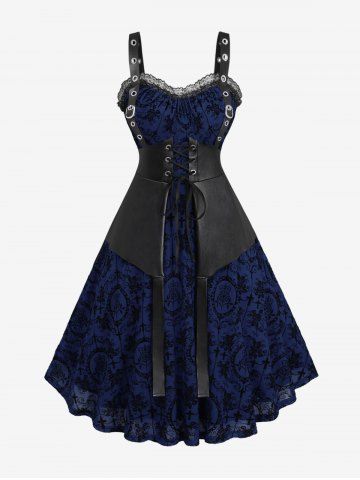 Plus Size Lace Trim Grommets Lace-up PU Leather Patchwork Floral Flocking 2 In 1 Gothic Tank Dress - DEEP BLUE - 1X | US 14-16