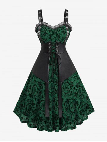 Plus Size Lace Trim Grommets Lace-up PU Leather Patchwork Floral Flocking 2 In 1 Gothic Tank Dress - DEEP GREEN - 1X | US 14-16