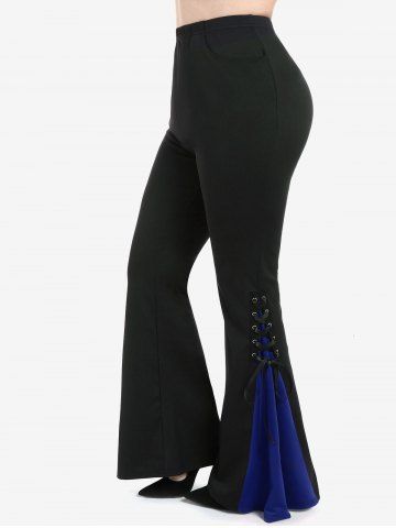 Gothic Lace Up Two Tone Godet Hem Pull On Flare Pants - DEEP BLUE - L | US 12