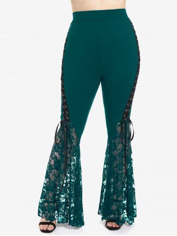 Plus Size Lace Panel Pull On Flare Pants with Lace-up - DEEP GREEN - 2X | US 18-20