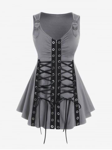 Lace Up Grommets Full Zipper Gothic Tank Top - GRAY - L | US 12