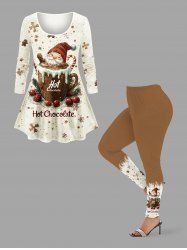 Christmas Bowknot Gingerbread Snowflake Santa Claus Candy Cup Print T-shirt and Leggings Plus Size Matching Set -  