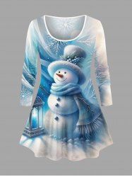 T-shirt Tressé Imprimé Bonhomme de Neige et Flocon de Neige de Noël Grande Taille - Multi-A 6X