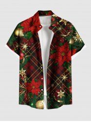 Plus Size Christmas Ball Snowflake Floral Leaf Plaid Glitter Stars Print Button Pocket Shirt For Men -  
