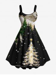 Robe Débardeur Ligne A Sapin de Noël Flocon de Neige et Boule Imprimés de Grande Taille - Noir 4X