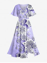 Plus Size Christmas Snowflake Print Split Midi Dress -  