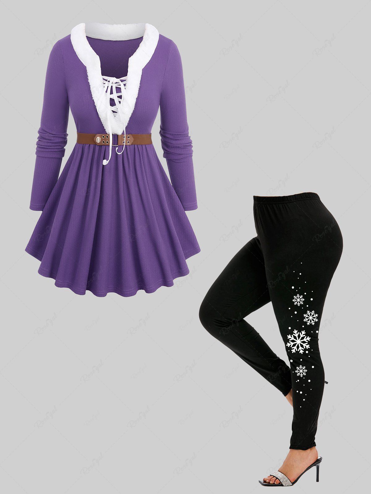 Fancy Fluffy Trim Lace Up Sweater and Snowflake Print Leggings Plus Size Outfit  
