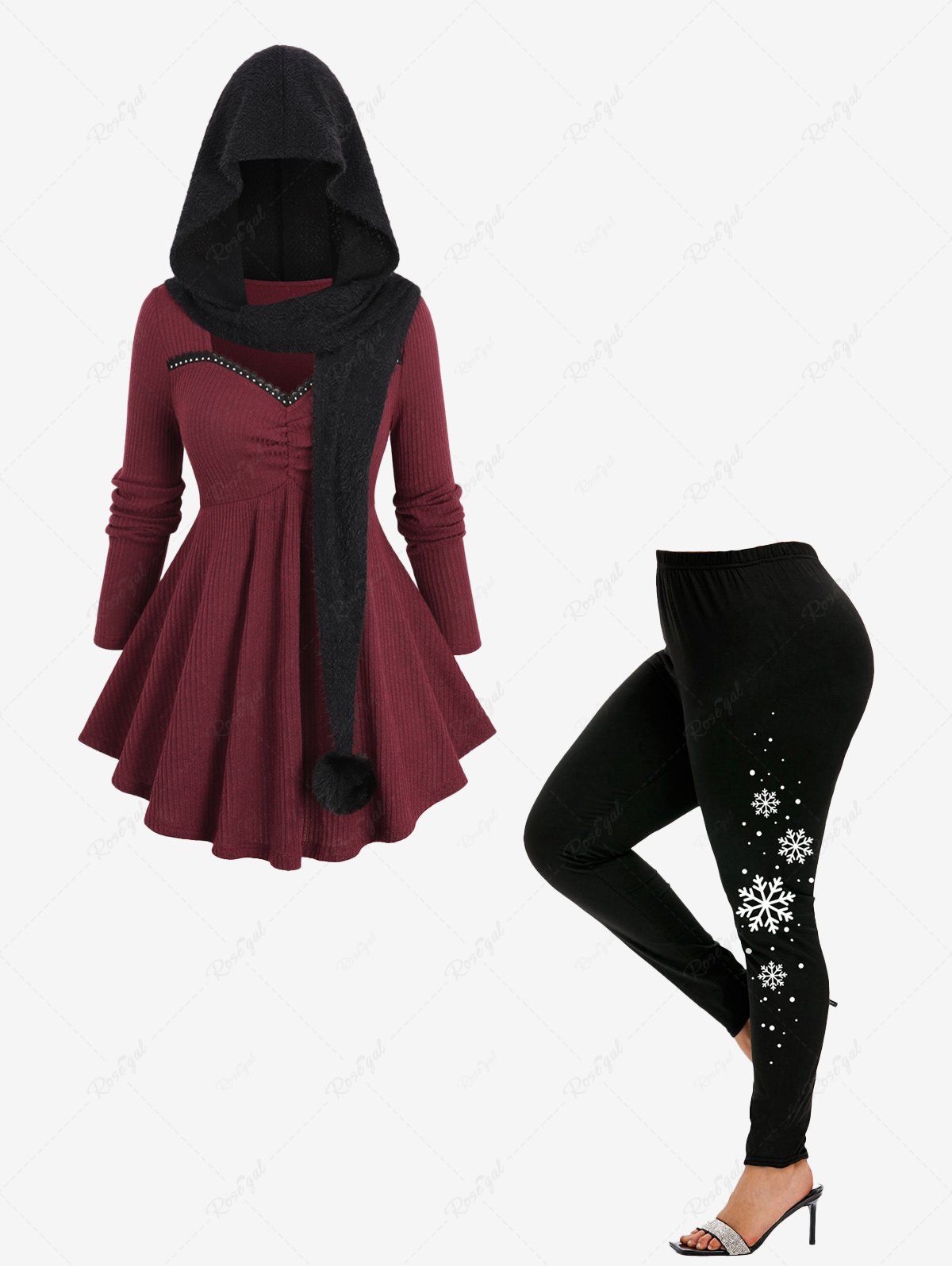 Affordable Lace Trim Sweetheart Neck Sweater With Fuzzy Ball Hooded Cape and Snowflake Print Leggings Plus Size Outfit  