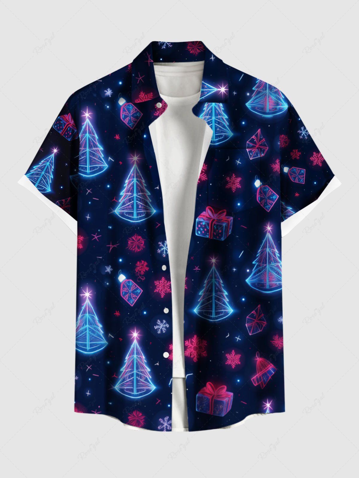 Chemise à Boutons avec Poche Kangourou à Imprimé Cadeaux Sapin de Noël et Galaxie Grande-Taille pour Hommes Bleu profond XL