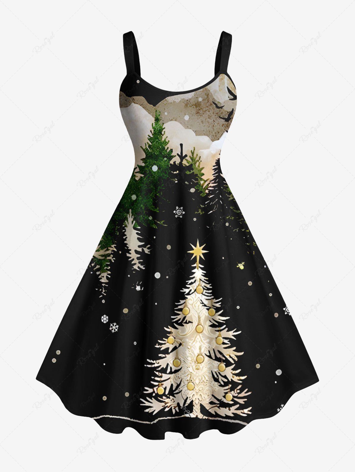 Robe Débardeur Ligne A Sapin de Noël Flocon de Neige et Boule Imprimés de Grande Taille Noir 4X