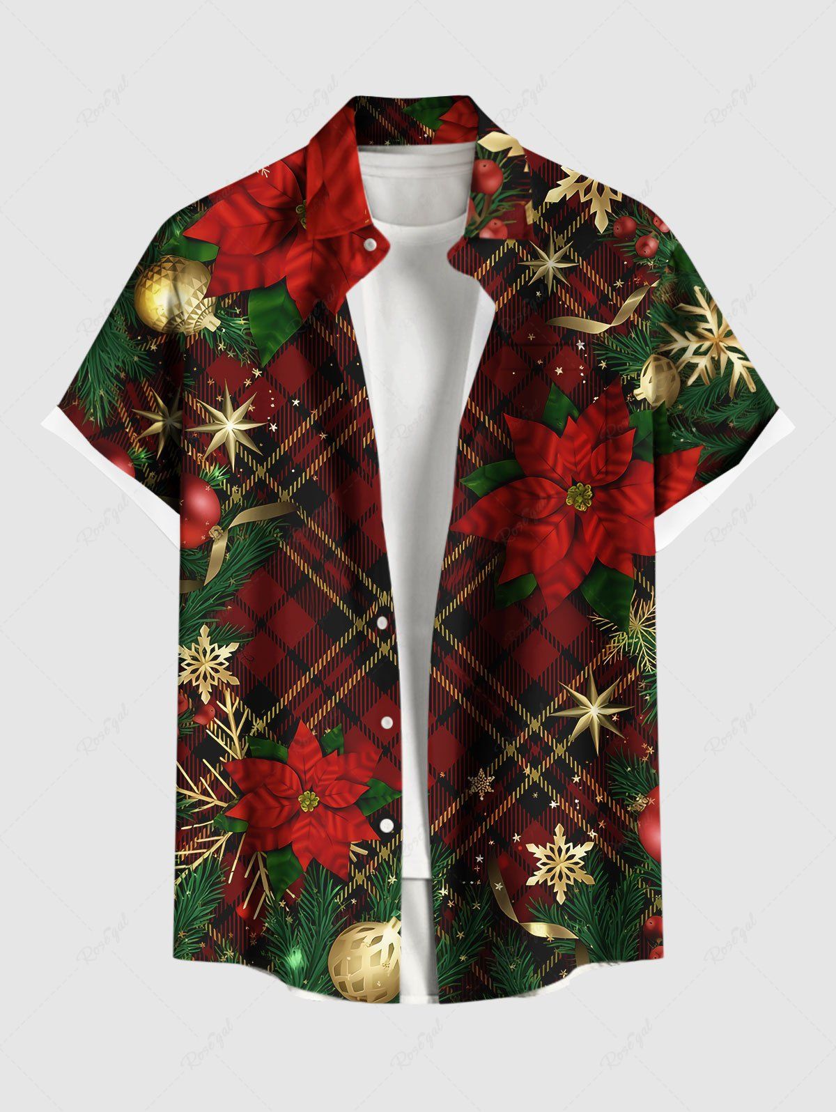 Chemise à Carreaux avec Boutons Motif Feuilles Fleurs Boules et Flocons de Neige Brillantes Grande-Taille pour Hommes Noir M