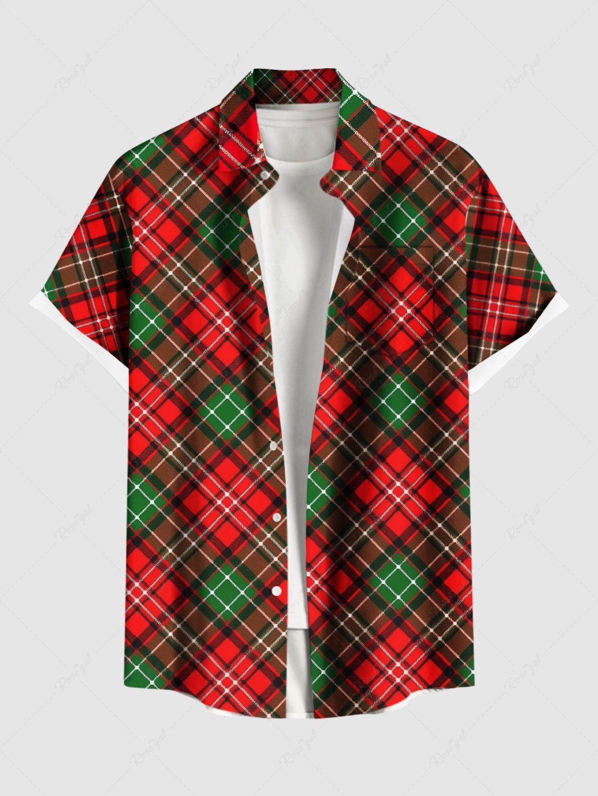 Chemise de Noël à Carreaux Imprimée Boutonnée de Grande Taille avec Poche Rouge XL