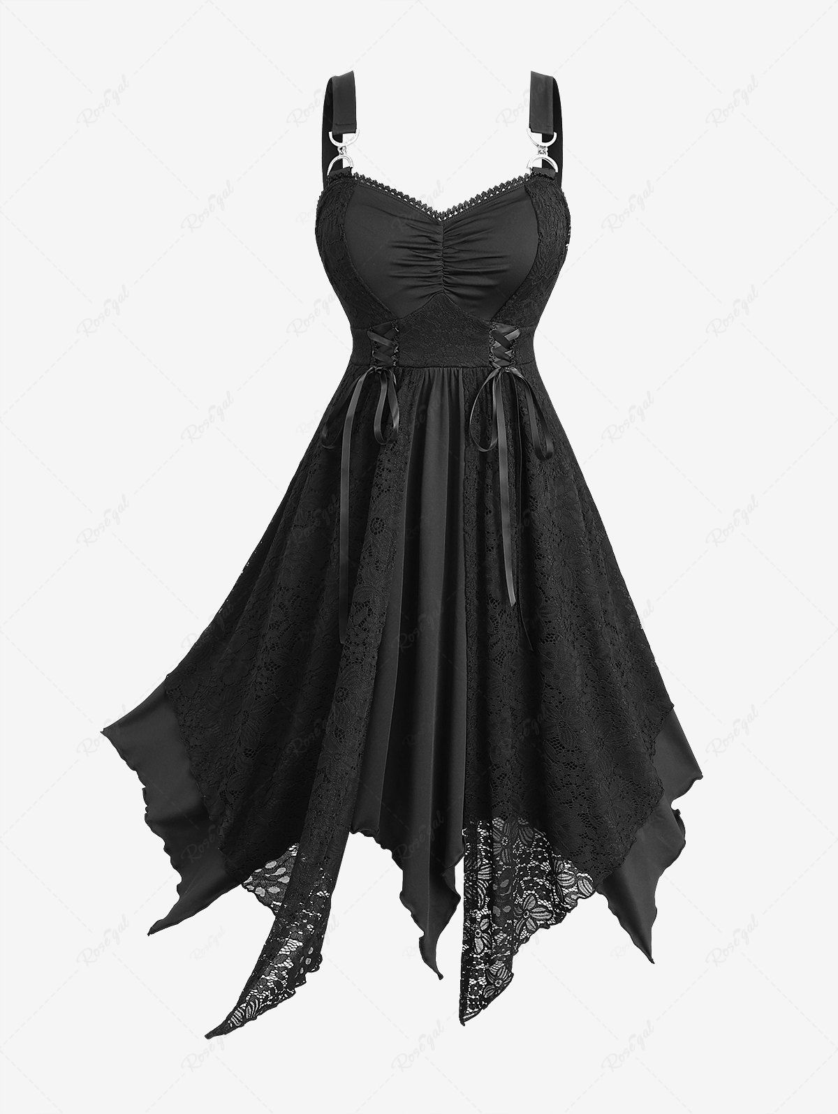 Affordable Gothic Plus Size Floral Lace Panel Lace-up Ruched Layered Handkerchief Dress  