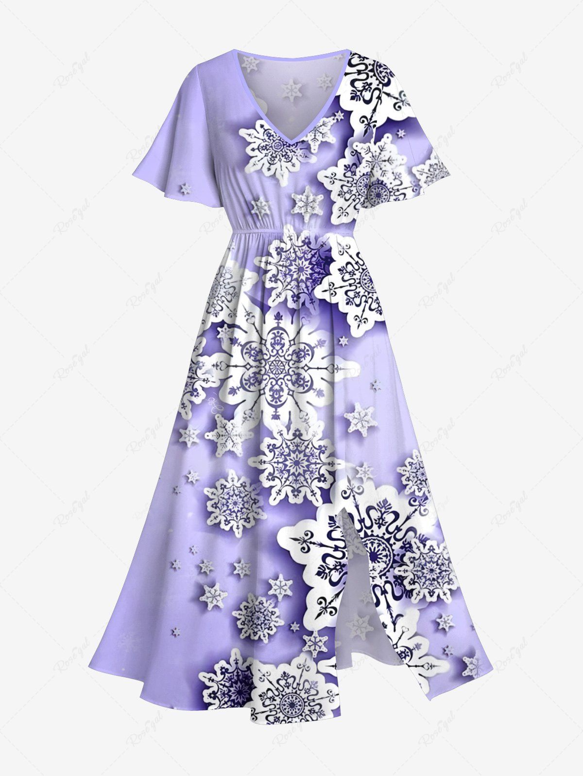 Best Plus Size Christmas Snowflake Print Split Midi Dress  