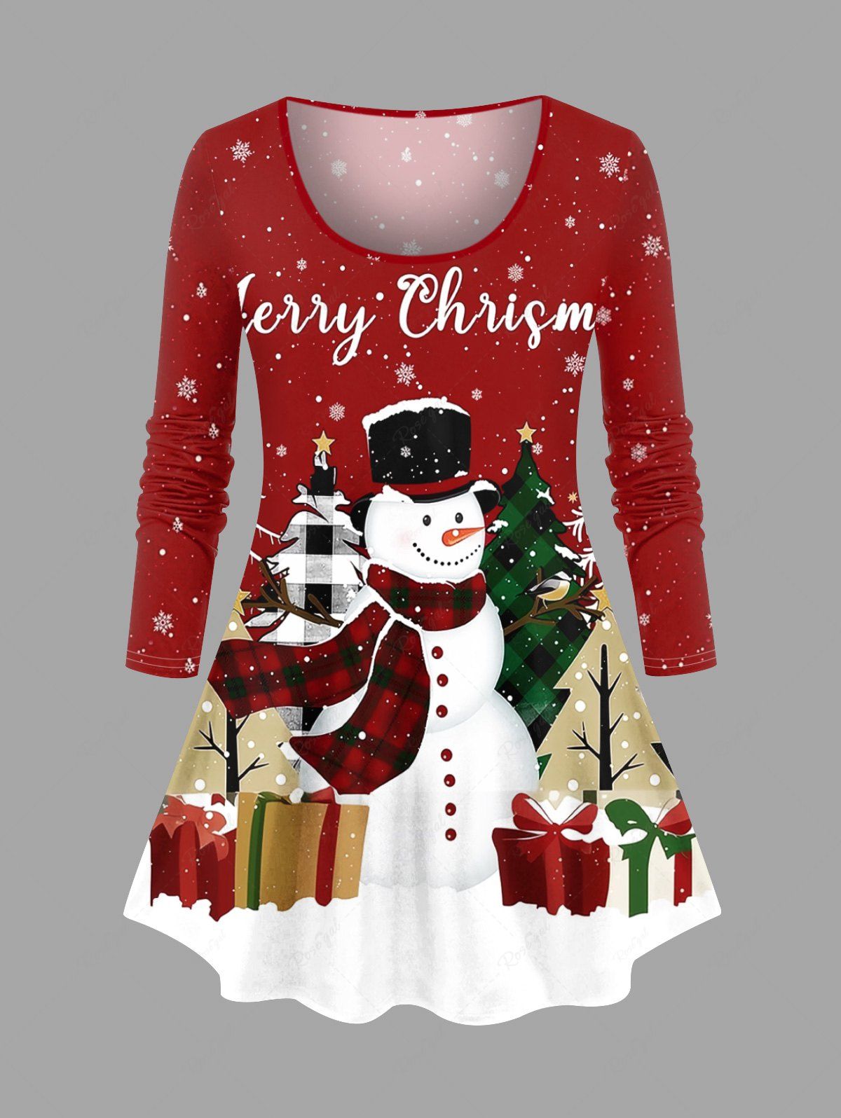 T-shirt Boîte Cadeau Bonhomme de Neige Flocon de Neige et Sapin de Noël Imprimés de Grande Taille Rouge 6X