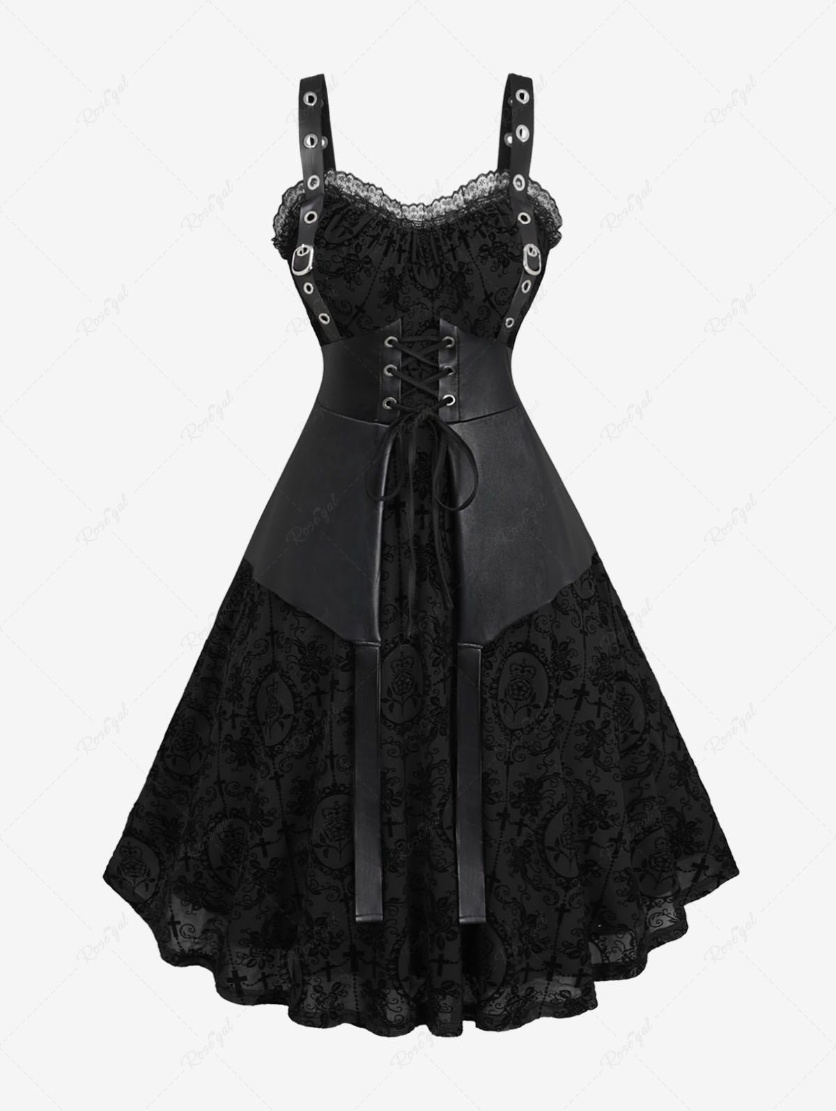 Best Plus Size Lace Trim Grommets Lace-up PU Leather Patchwork Floral Flocking 2 In 1 Gothic Tank Dress  