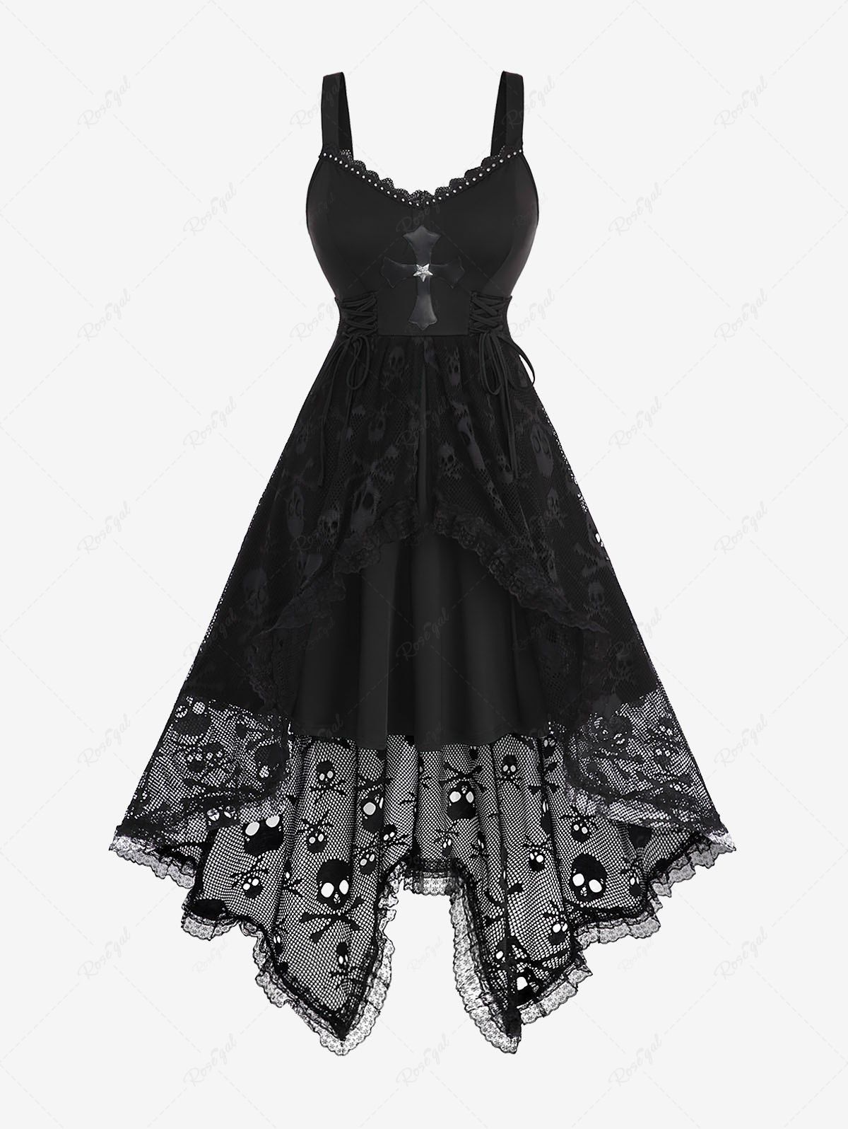 Sale Plus Size Lace-up Cross High Low Skulls Mesh Rivet Lace Trim Asymmetrical Gothic Tank Dress  