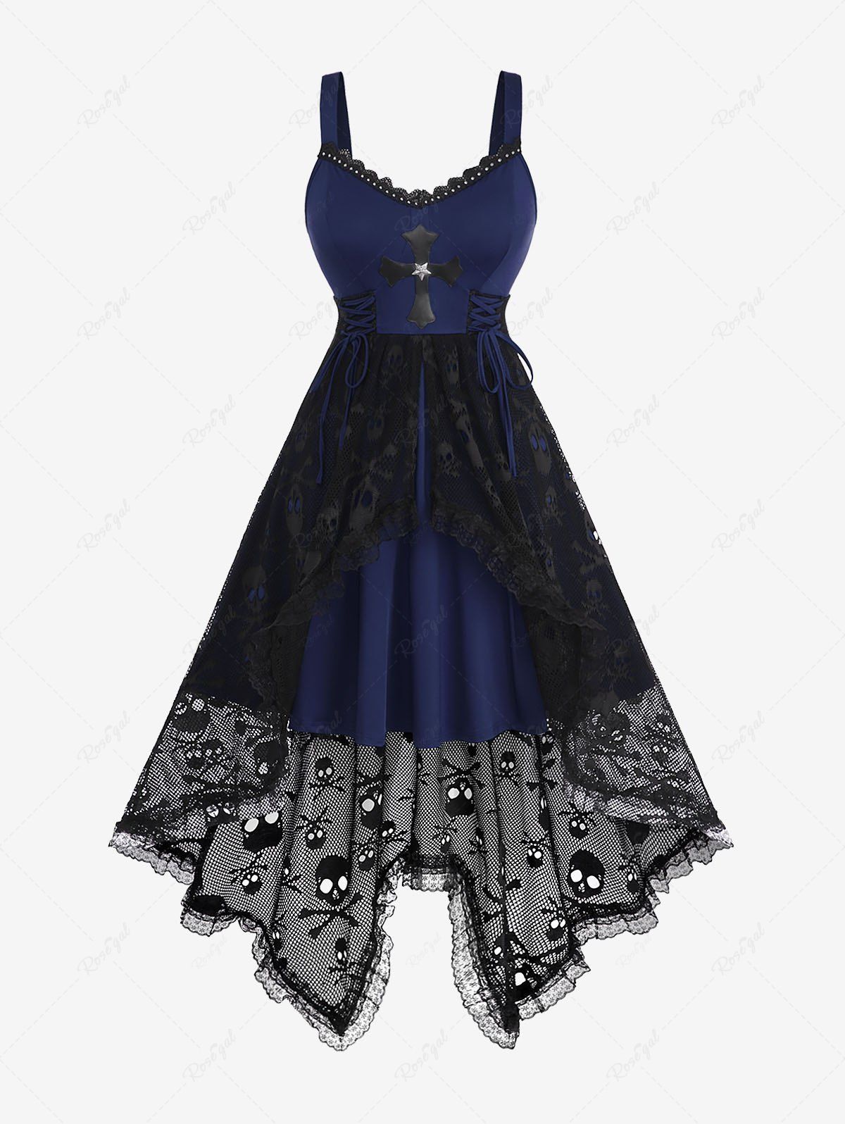 Latest Plus Size Lace-up Cross High Low Skulls Mesh Rivet Lace Trim Asymmetrical Gothic Tank Dress  
