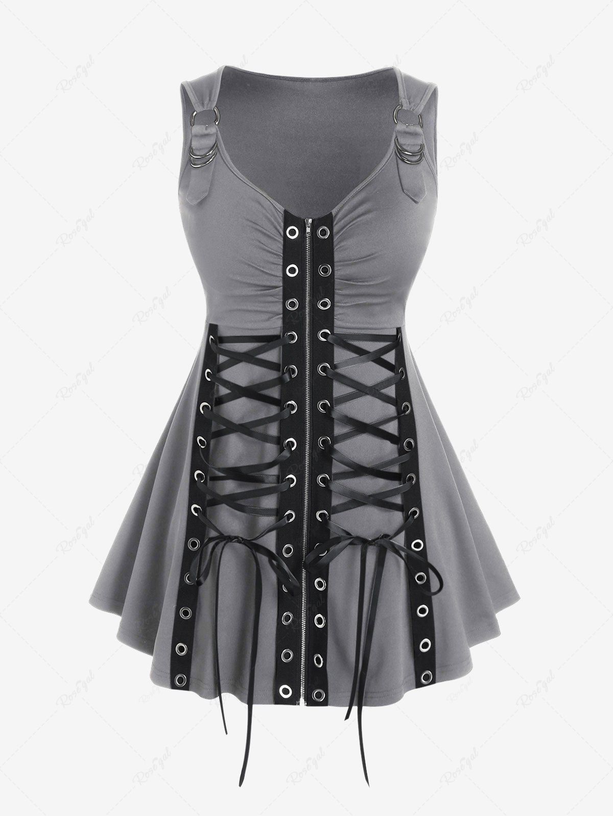 Latest Lace Up Grommets Full Zipper Gothic Tank Top  