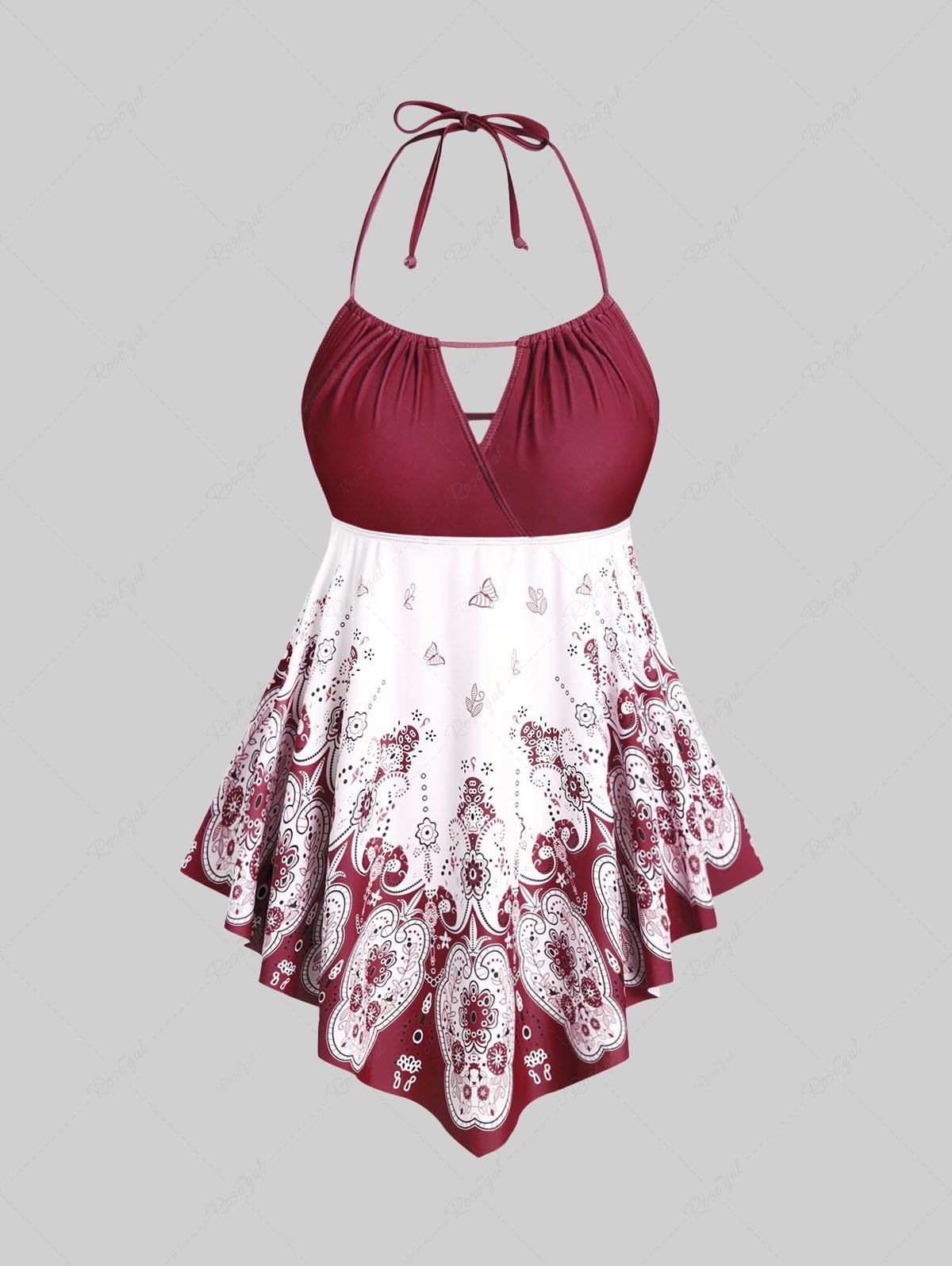 Unique 3D Figure Butterfly Print Halter Ruched Tankini Sswimsuit  
