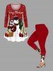 T-shirt Boîte Cadeau Bonhomme de Neige Flocon de Neige et Sapin de Noël Imprimés de Grande Taille - Rouge M