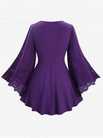 Twist Panel Hollow Out Embroidery Floral Flare Sleeve Top and High Rise Floral Gym 3D Jeggings Plus Size Outfit