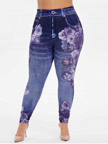 Twist Panel Hollow Out Embroidery Floral Flare Sleeve Top and High Rise Floral Gym 3D Jeggings Plus Size Outfit