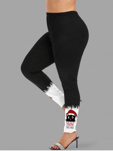 Plus Size Christmas Hat Cat Letters Print Leggings - BLACK - XS