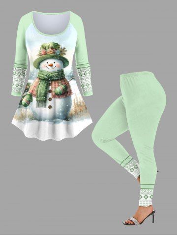 Christmas Tree Ball Snowman Snowflake Zig Zag Geometric Floral Print Plus Size Matching Set - GREEN