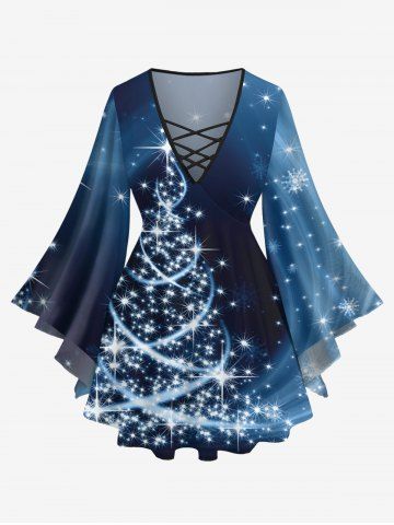 Plus Size Christmas Tree Star Glitter 3D Print Lattice Crisscross Flare Sleeve T-shirt - BLUE - S