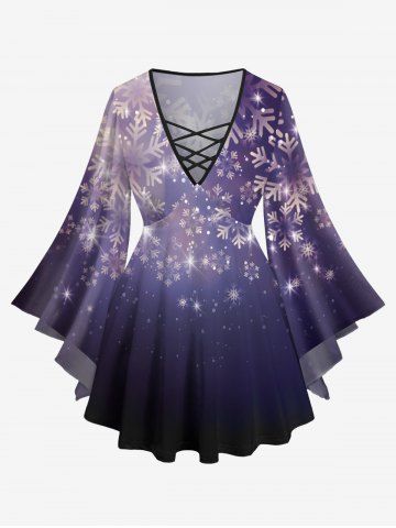 Plus Size Christmas Snowflake Glitter 3D Print Lattice Crisscross Flare Sleeve T-shirt - CONCORD - 3X